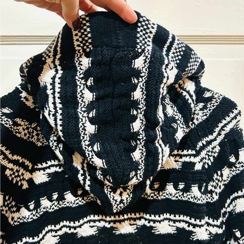 Anthropologie Sparrow Black & White Open Chunky Knit Sweater Cardigan Hood M - Picture 3 of 8